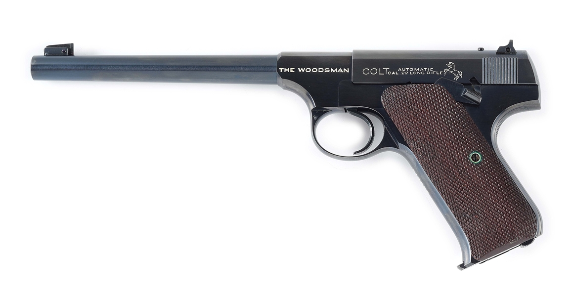 (C) EXTREMELY FINE PRE-WAR COLT WOODSMAN SEMI-AUTOMATIC PISTOL WITH CUSTOM WOOD CASE (1937).