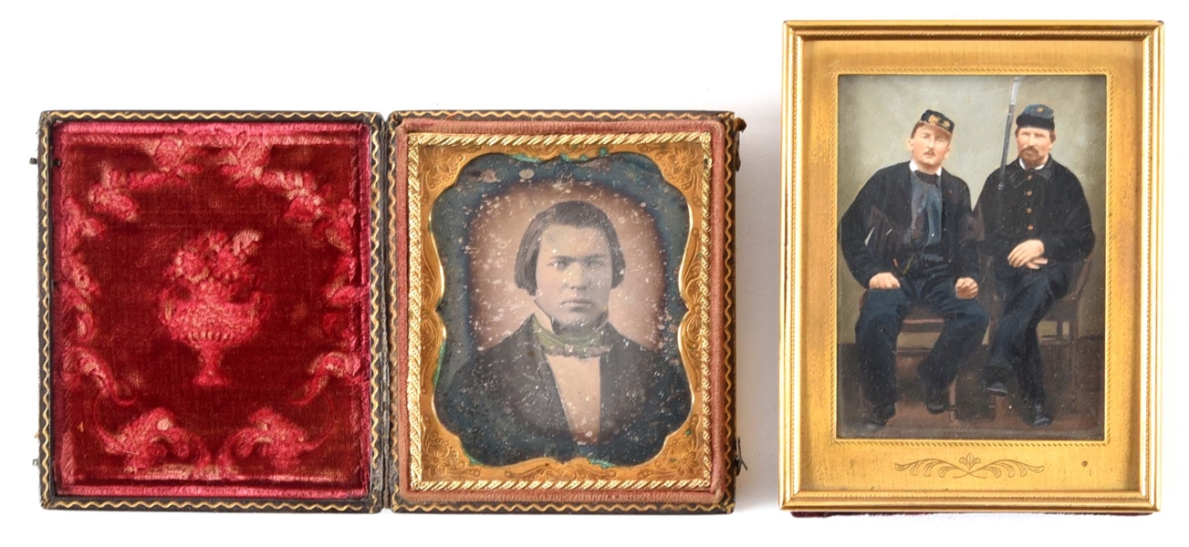LOT OF 2: DAGUERREOTYPE AND COLORED CABINET CARD.