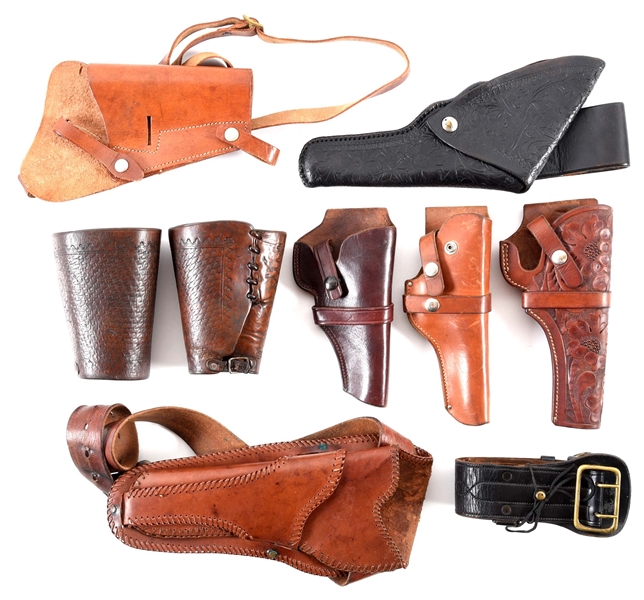 LOT OF 7: LEATHER HOLSTERS AND BELTS.