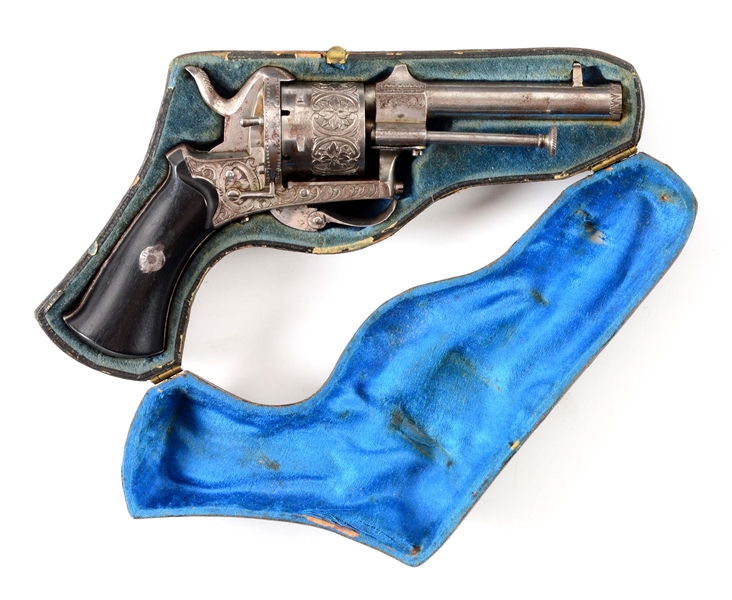 (A) PIPE CASED BELGIAN PINFIRE REVOLVER.