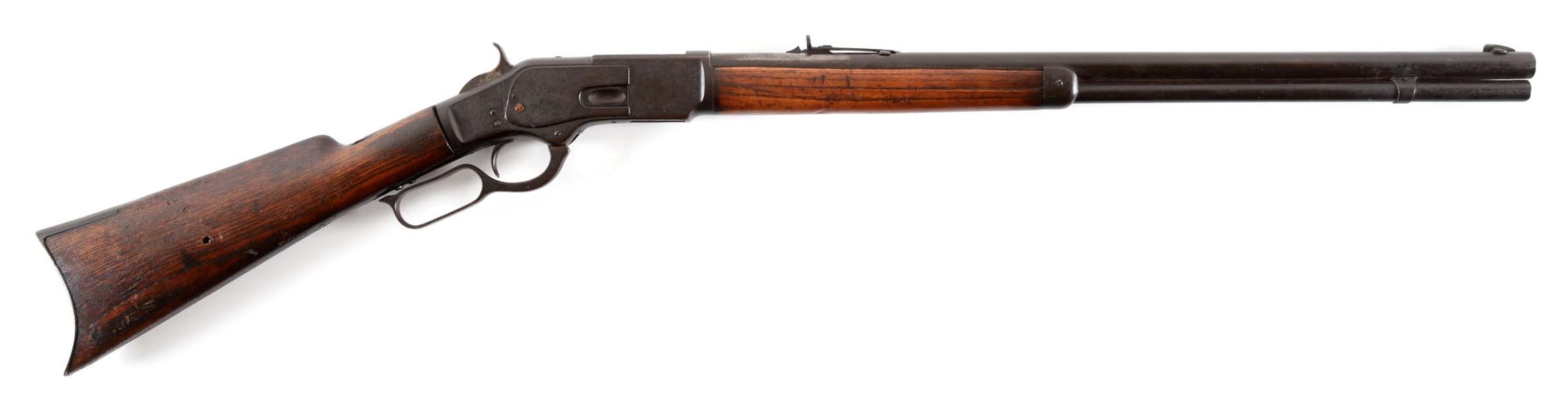 (A) FRONTIER STOCKED FIRST MODEL WINCHESTER MODEL 1873 LEVER ACTION RIFLE.