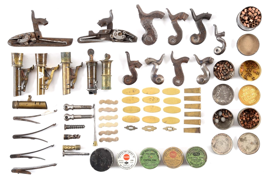 LOT OF EARLY GUN PARTS, CAP TINS, AND FLASK PARTS.