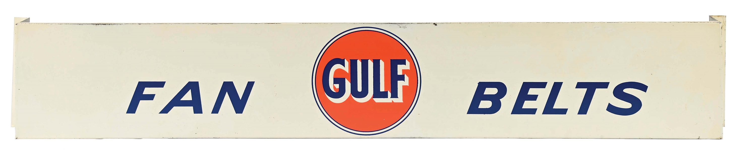 GULF FAN BELTS TIN SERVICE STATION WALL DISPLAY SIGN W/ HOOKS. 