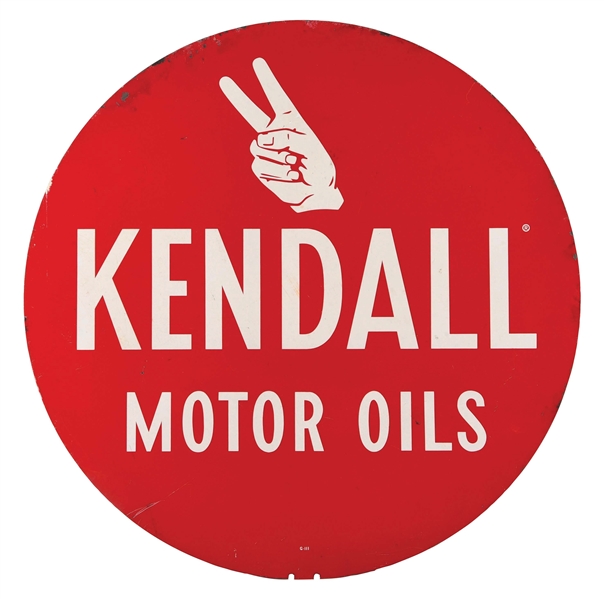 KENDALL MOTOR OILS 36" TIN SERVICE STATION SIGN W/ HAND GRAPHIC. 