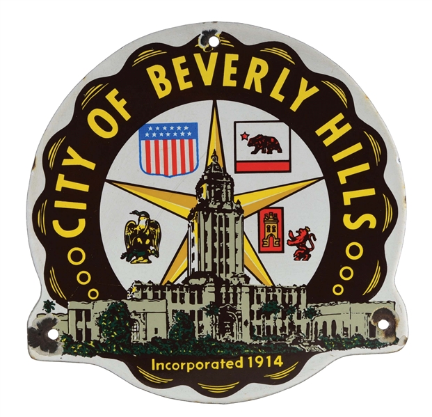 CITY OF BEVERLY HILLS PORCELAIN MUNICIPAL SIGN.