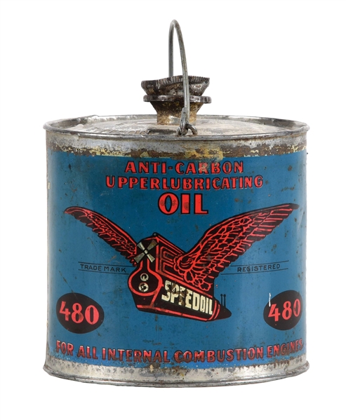 SPEEDOIL ANTI-CARBON UPPER LUBRICATING OIL CAN W/ WINGED ENGINE GRAPHIC. 