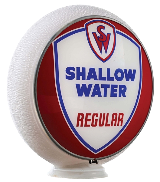 RARE SHALLOW WATER GASOLINE COMPLETE 13.25" GLOBE ON WHITE RIPPLE GILL GLASS GLOBE BODY.