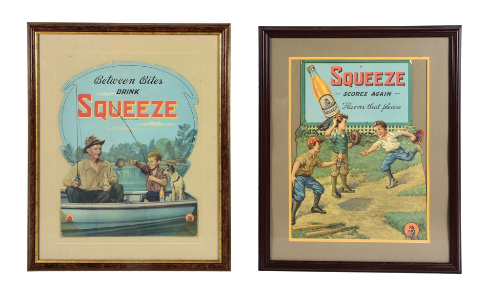 COLLECTION OF 2 SQUEEZE ORANGE SODA CARDBOARD ADVERTISEMENTS.
