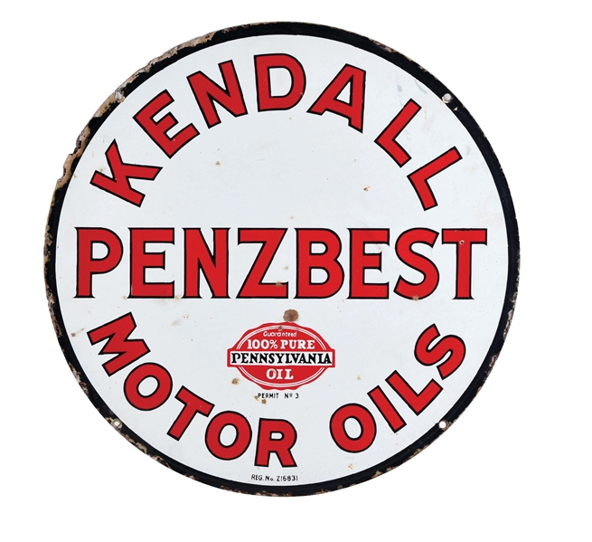 KENDALL PENZBEST MOTOR OILS PORCELAIN SIGN W/ 100% PURE PENNSYLVANIA LOGO.