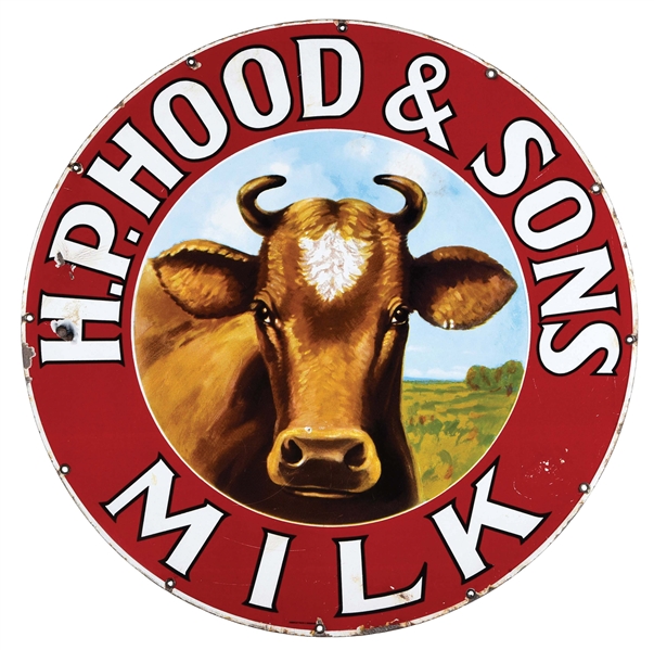 H.P. HOOD & SONS MILK PORCELAIN SIGN W/ COW GRAPHIC.