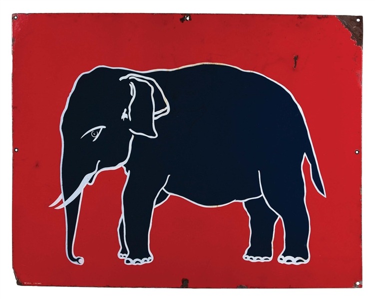 PORCELAIN SIGN W/ ELEPHANT GRAPHIC.