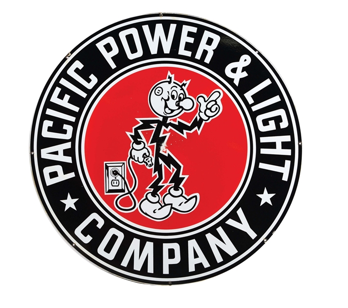 PACIFIC POWER & LIGHT COMPANY PORCELAIN SIGN W/ REDDY KILOWATT GRAPHIC.