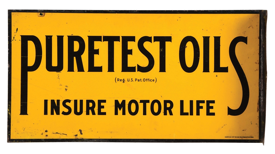 PURETEST OILS "INSURE MOTOR LIFE" TIN FLANGE SIGN.