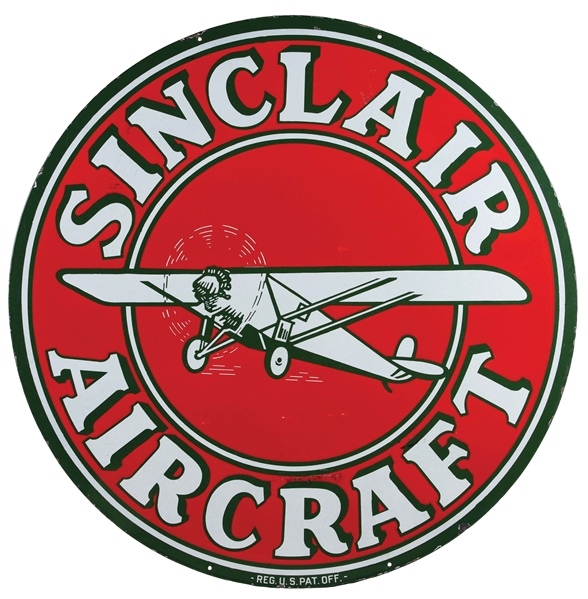OUTSTANDING SINCLAIR AIRCRAFT PORCELAIN SERVICE STATION SIGN W/ AIRPLANE GRAPHIC. 