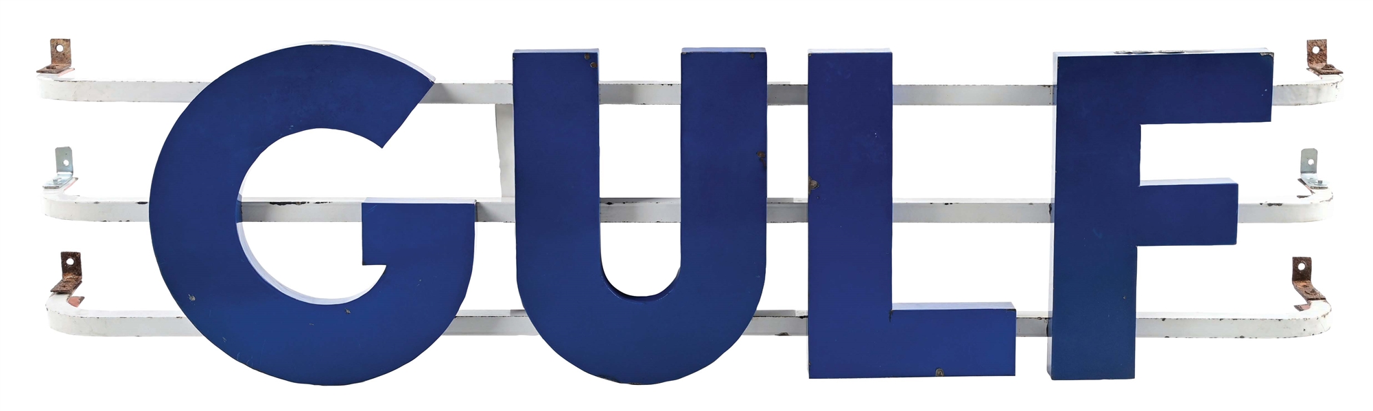 GULF GASOLINE SERVICE STATION PORCELAIN LETTERS W/ ORIGINAL PORCELAIN CHANNEL MOUNTING. 