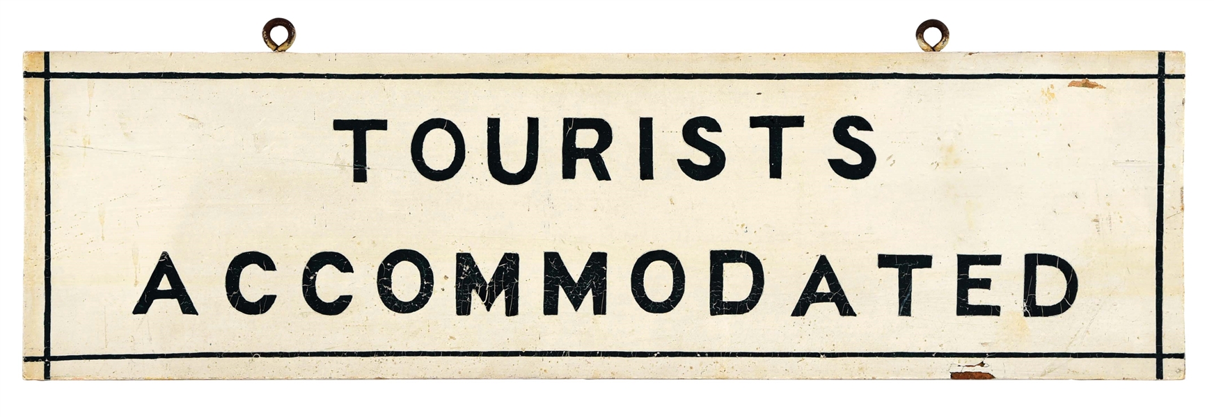 TOURISTS ACCOMMODATED HAND PAINTED WOOD ROADSIDE SIGN. 