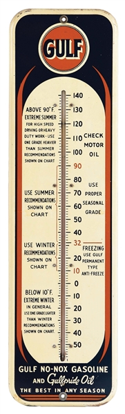 GULF NO-NOX GASOLINE TIN SERVICE STATION THERMOMETER W/ GULF DISC GRAPHIC. 