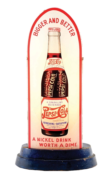 EXCEEDINGLY RARE PEPSI-COLA REVERSE PAINTED GLASS "BULLET" LIGHTED SIGN W/ BOTTLE GRAPHIC.