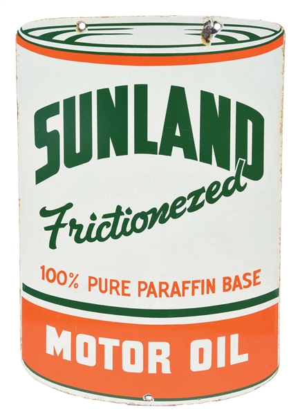 RARE SUNLAND FRICTIONEZED MOTOR OIL PORCELAIN "QUART CAN" SERVICE STATION SIGN.