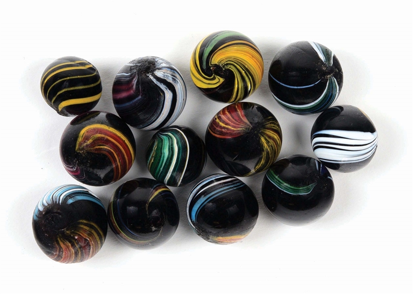 LOT OF 12: INDIAN SWIRL MARBLES.