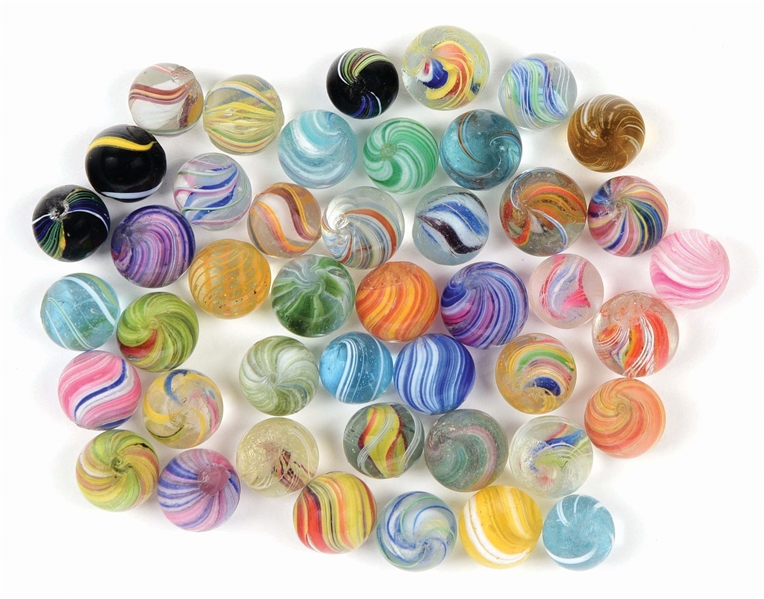 LOT OF 44: HANDMADE MARBLES.