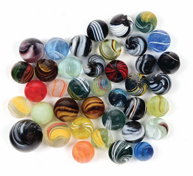 LOT OF 39: HANDMADE MARBLES.