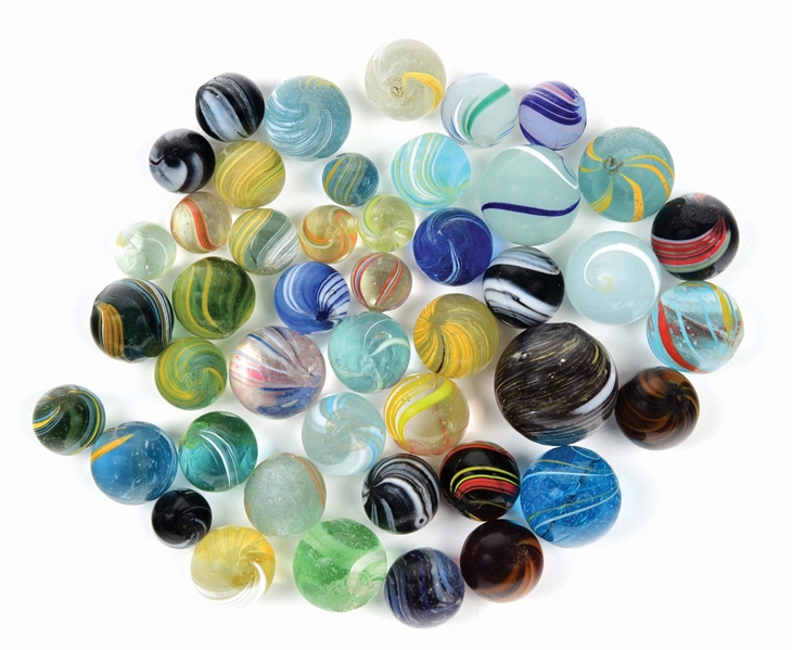 LOT OF 45: HANDMADE MARBLES.