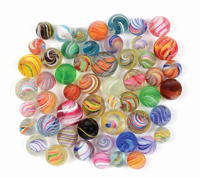 LOT OF 53: HANDMADE MARBLES.