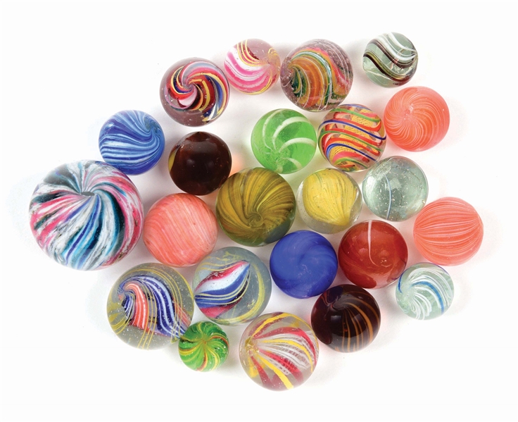 LOT OF 23: HANDMADE MARBLES.