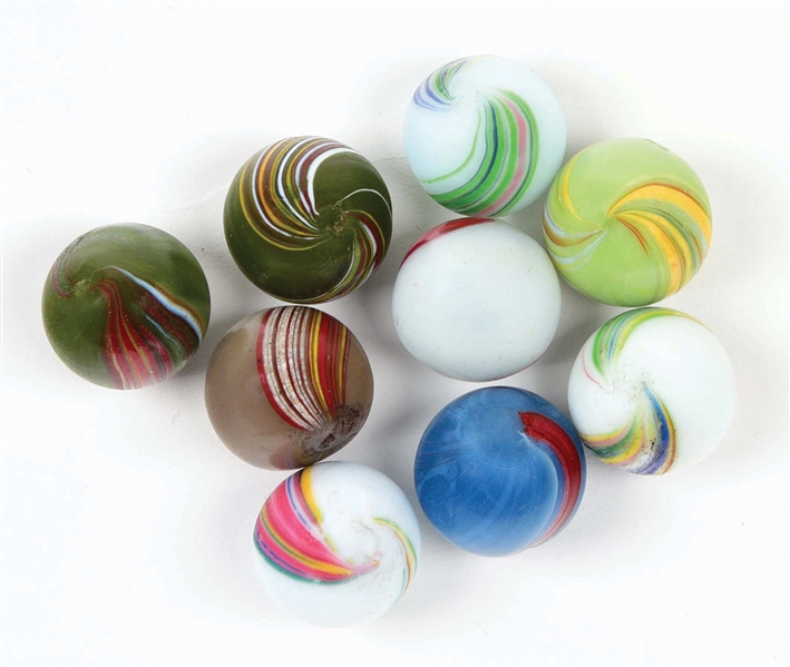 LOT OF 9: BANDED OPAQUE MARBLES.