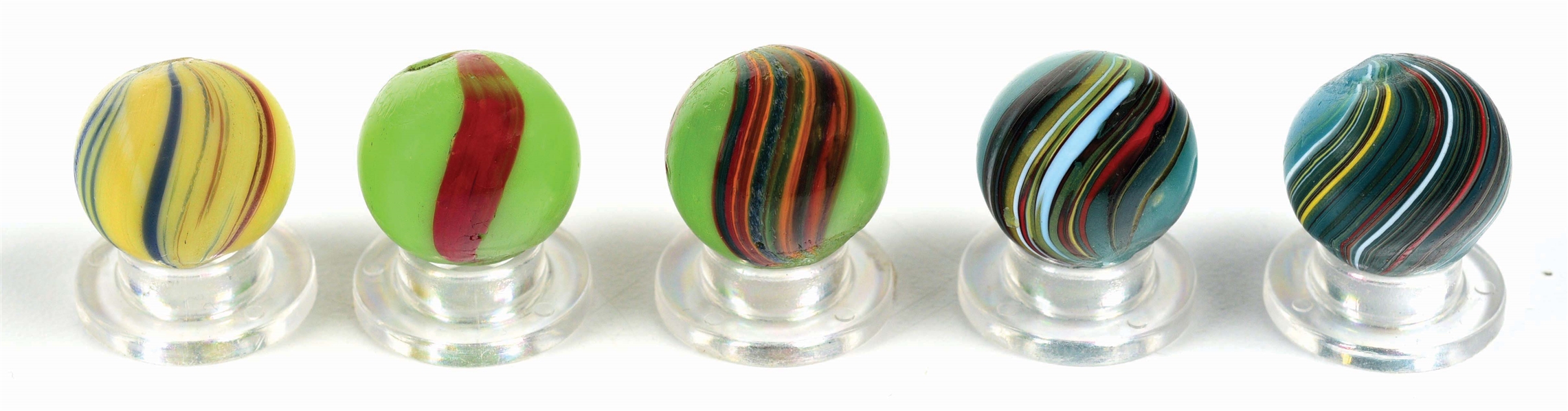 LOT OF 5: BANDED OPAQUE MARBLES.