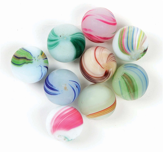 LOT OF 9: BANDED OPAQUE MARBLES.