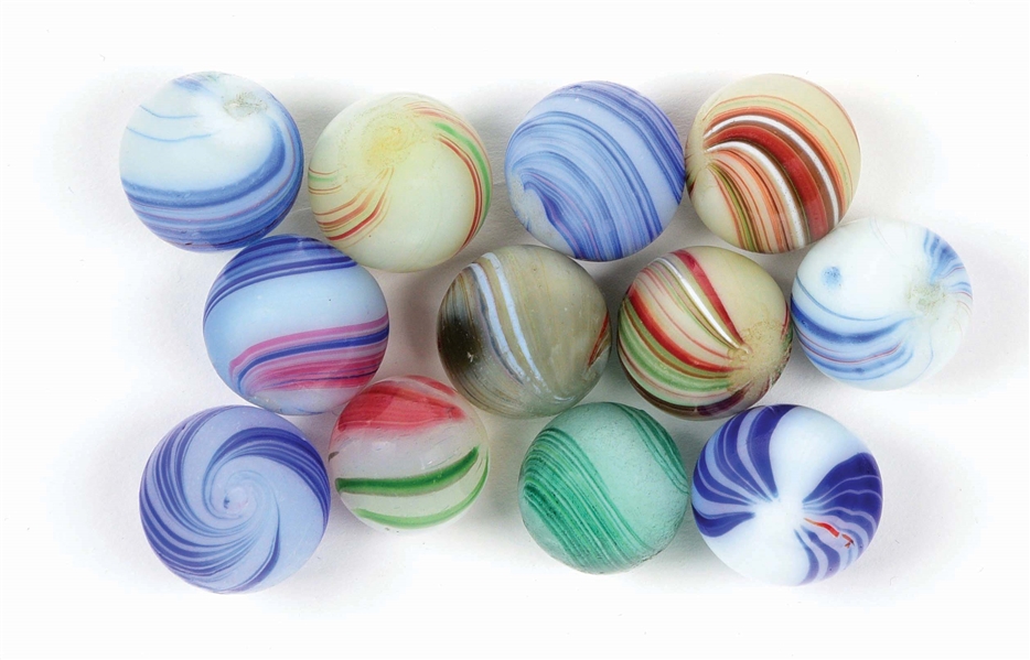 LOT OF 12: BANDED OPAQUE MARBLES.