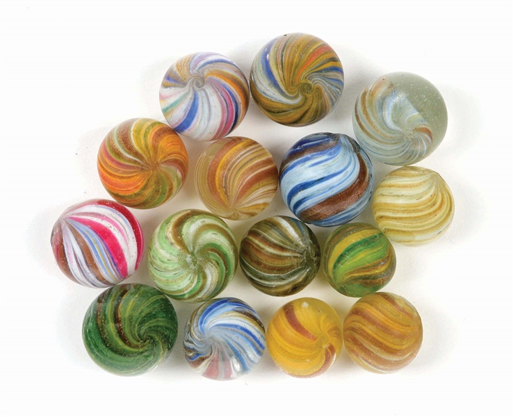 LOT OF 15: ONIONSKIN LUTZ MARBLES.