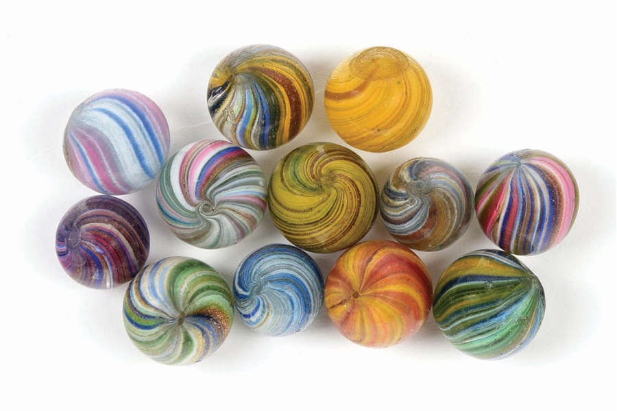 LOT OF 12: ONIONSKIN LUTZ MARBLES.