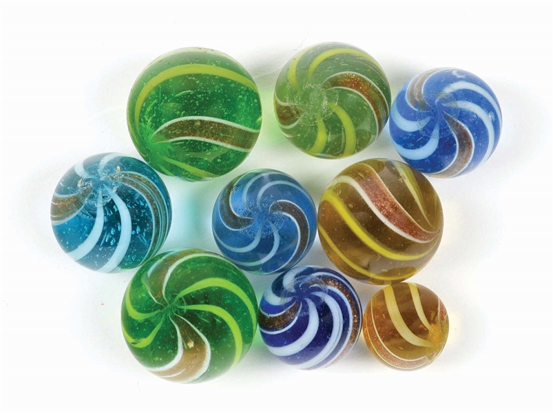 LOT OF 9: COLORED GLASS BANDED LUTZ MARBLES.