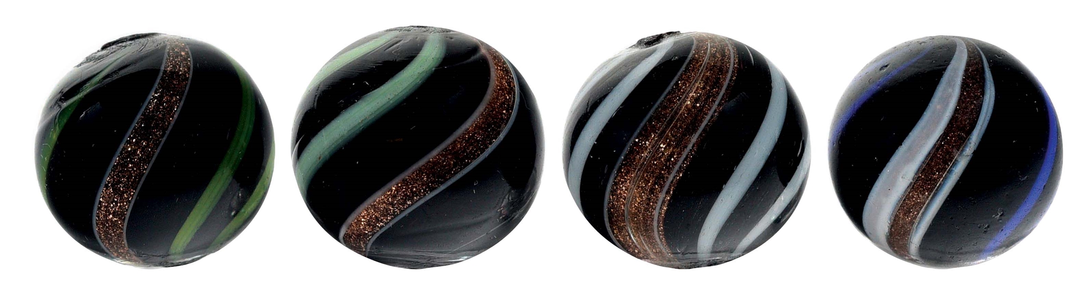 LOT OF 4: BLACK OPAQUE LUTZ MARBLES.