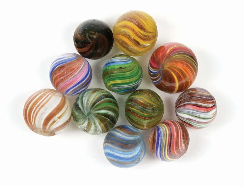 LOT OF 10: ONIONSKIN LUTZ MARBLES.