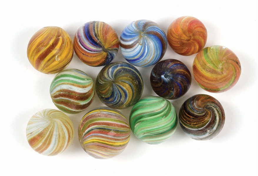 LOT OF 12: ONIONSKIN LUTZ MARBLES.