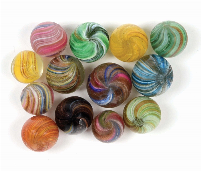 LOT OF 13: ONIONSKIN LUTZ MARBLES.