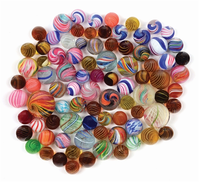 LOT OF APPROXIMATELY 86 HANDMADE MARBLES.