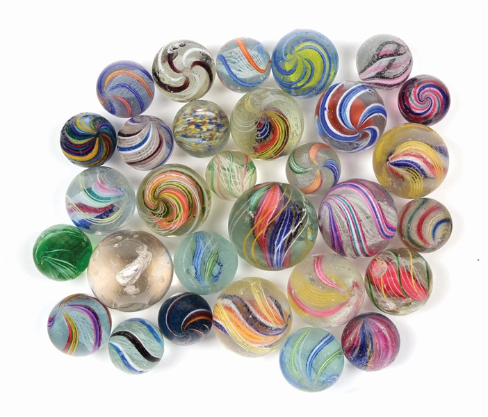 LOT OF 30: HANDMADE MARBLES.