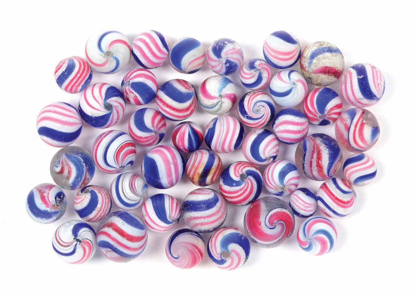 LOT OF APPROXIMATELY 44 PEPPERMINT RIBBONS & PEPPERMINT SWIRL MARBLES.