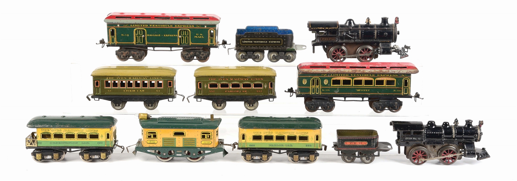 LOT OF 11: IVES LOCOMOTIVES & PASSENGER CARS.