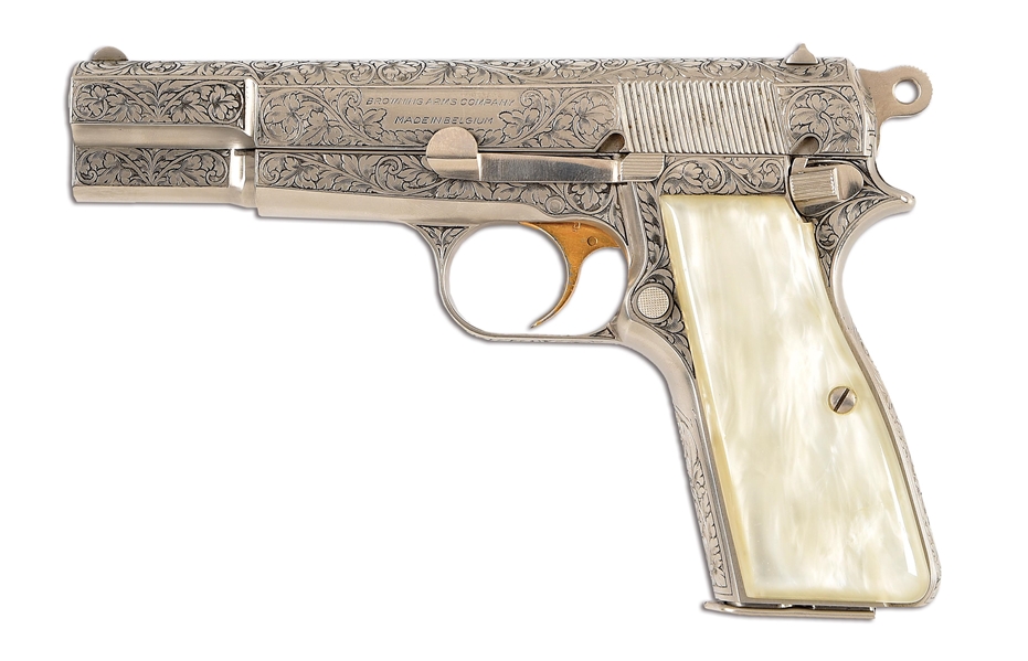 (C) RENAISSANCE ENGRAVED BROWNING HI-POWER 9MM SEMI-AUTOMATIC PISTOL IN DISPLAY CASE.