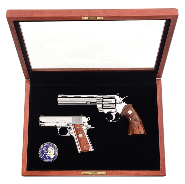 (M) LOT OF 2: CASED COLT 150 ANNIVERSARY DOUBLE DIAMOND MATCHED PYTHON AND OFFICERS ACP SET.