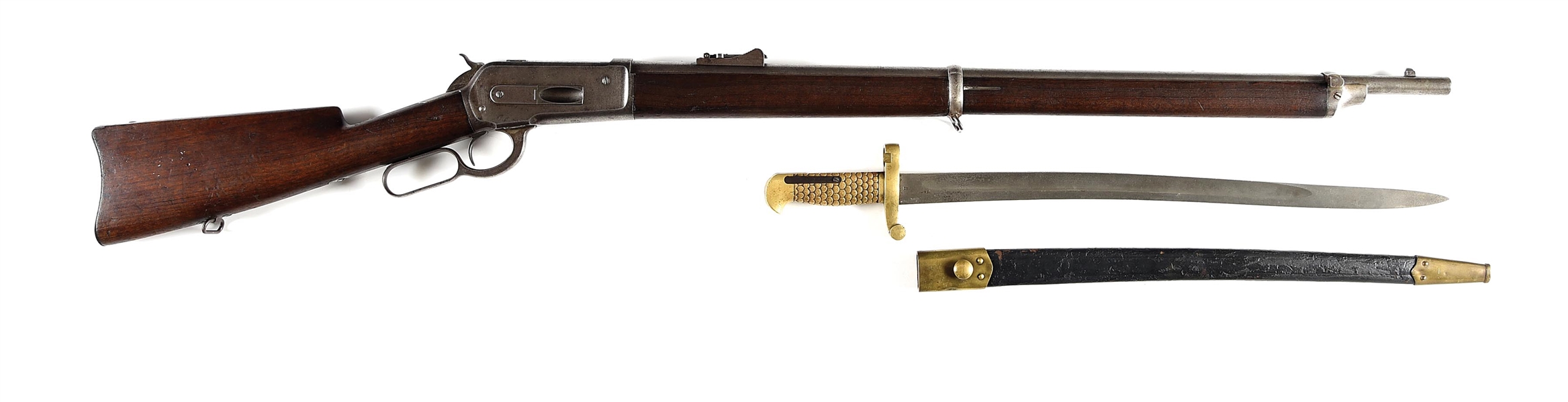 (A) VERY RARE DOCUMENTED WINCHESTER MODEL 1886 LEVER ACTION MUSKET WITH SPECIAL ORDER SABER BAYONET.