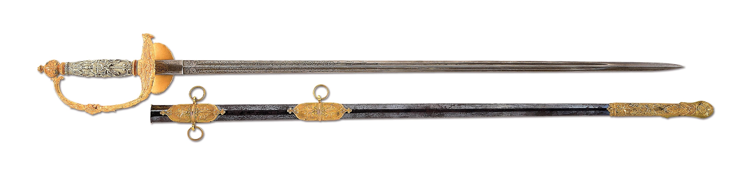 ORNATE M1860 STAFF AND FIELD OFFICER SWORD WITH DAMASCUS BLADE.