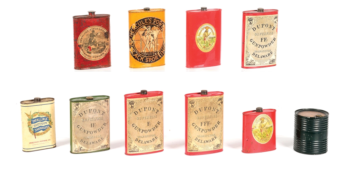 LOT OF 10: VINTAGE GUNPOWDER TINS.