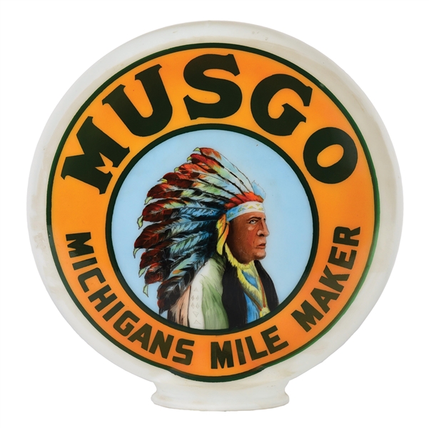 OUTSTANDING & ICONIC MUSGO GASOLINE ONE PIECE BAKED GLOBE W/ NATIVE AMERICAN GRAPHIC. 